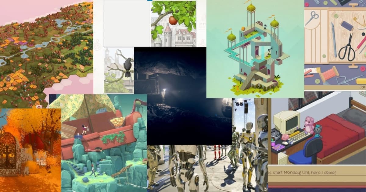 A collage of various video game screenshots featuring landscapes, characters, robots, and puzzle scenes in different art styles.