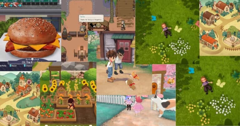 A collage featuring images from farm simulation video games and a close-up of a cheeseburger on a tray.