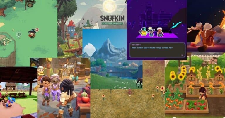A collage of colorful screenshots from various farming and adventure video games, featuring characters, animals, crops, markets, and nature scenes.