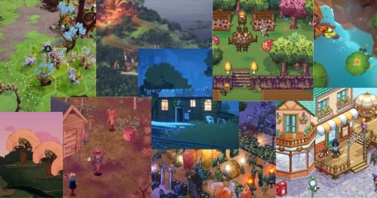 A collage of various pixel art and illustrated video game scenes featuring nature, buildings, characters, and cozy environments in vibrant colors and different settings.