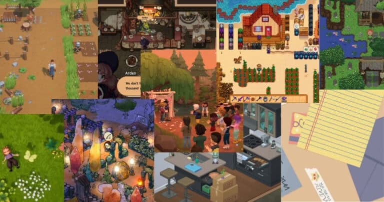 A collage of various farming and simulation game scenes featuring pixel art farms, characters, kitchen interiors, outdoor gatherings, and gardening activities.