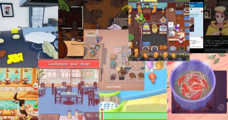 Collage of various cooking and restaurant simulation game screenshots, showing kitchens, food preparation, dining areas, and game interface elements.