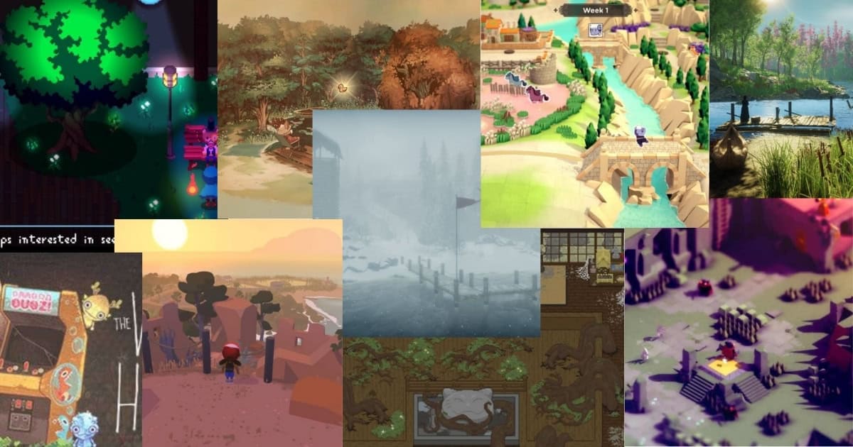 A collage of various pixel art-style video game scenes, including forests, rivers, markets, buildings, and a snowy dock in the center.