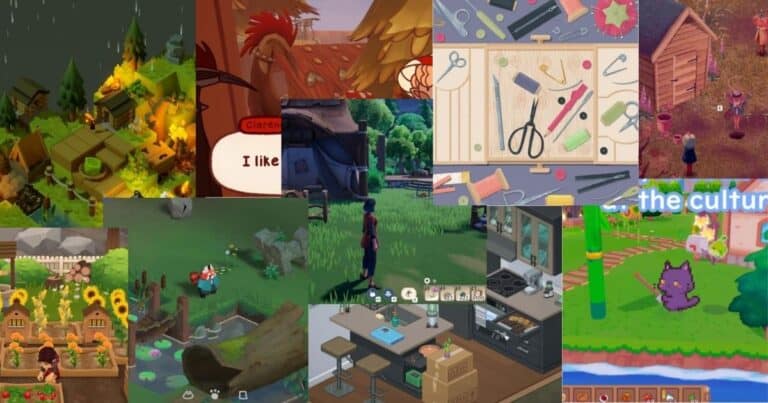 Collage of various cozy farming and crafting video games, showing different game scenes including gardening, tool crafting, animal care, and character interaction.