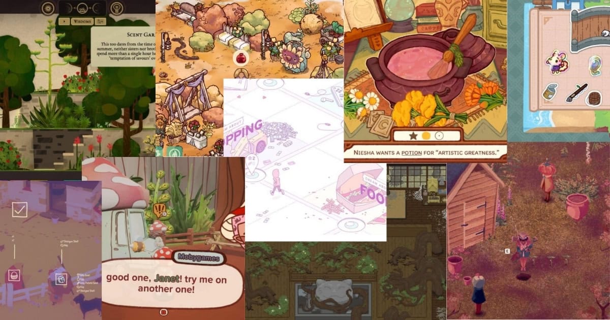 A collage of colorful video game scenes featuring characters, nature, dialogue boxes, and interactive objects in various whimsical, illustrated environments.