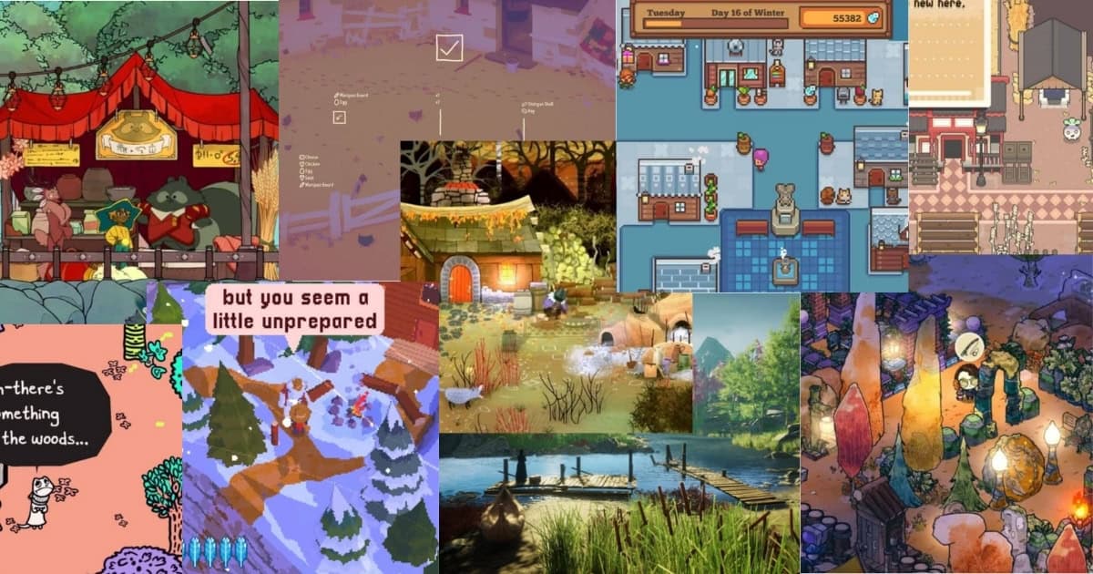 A collage of various cozy video game scenes, including forests, cottages, market stalls, lakes, snowy landscapes, and cartoon animal characters.