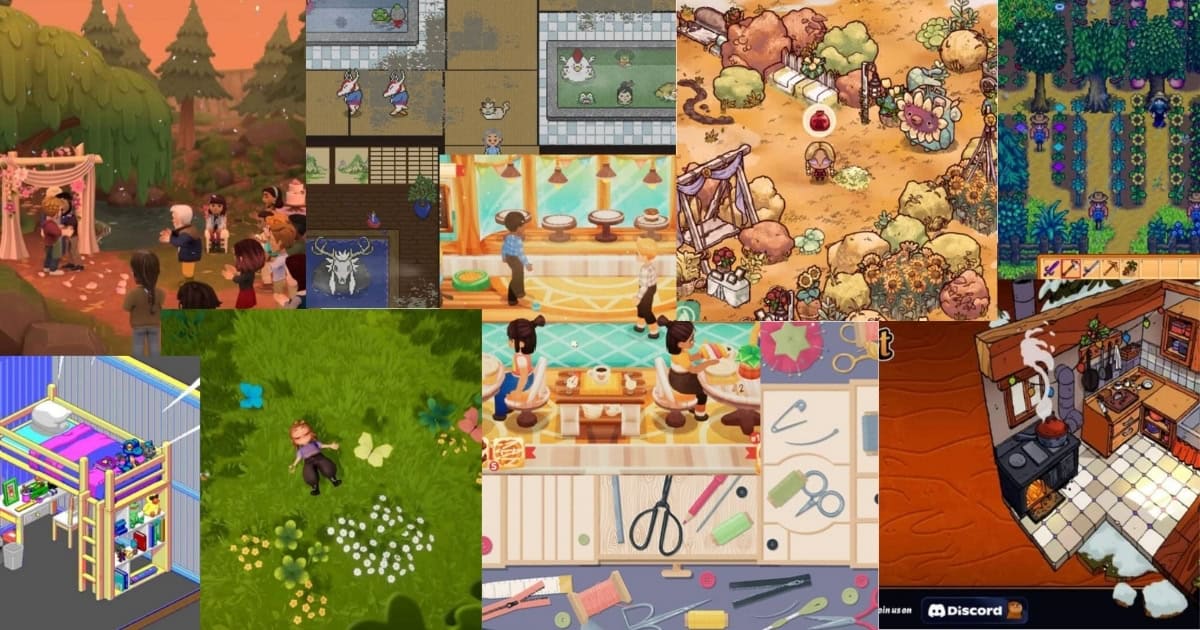 A collage of scenes from various cozy simulation games, featuring outdoor events, farming, crafting, cooking, animal care, and colorful interior spaces in pixel art and illustrated styles.