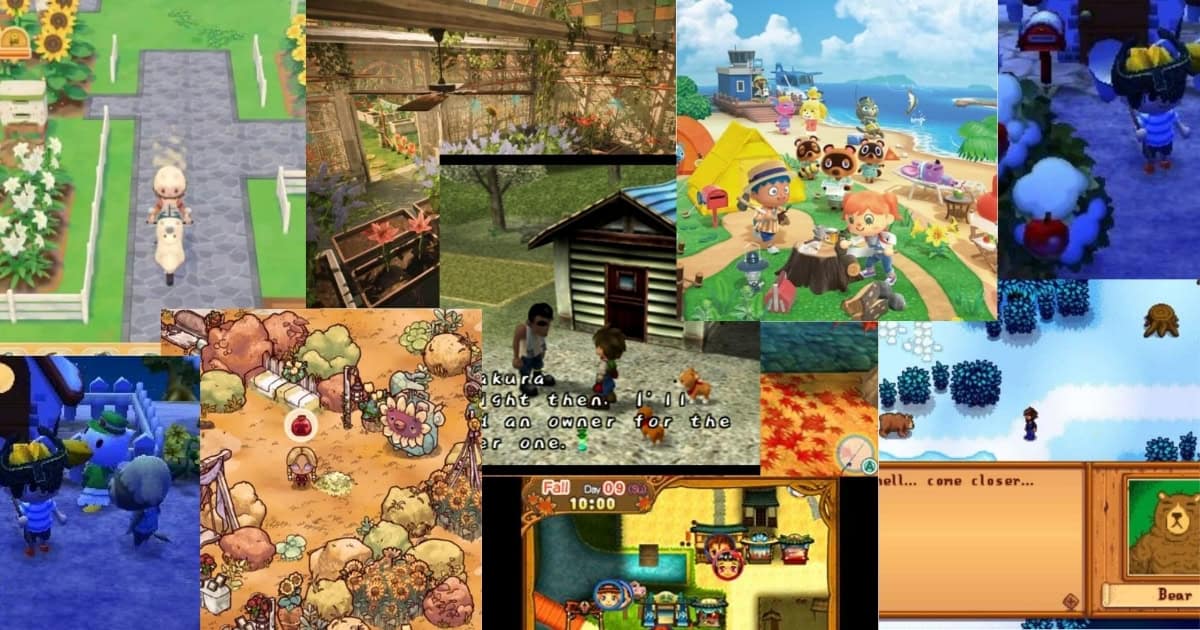 A collage of various farming and life simulation game scenes, showing characters engaging in activities like farming, fishing, and interacting in village settings.
