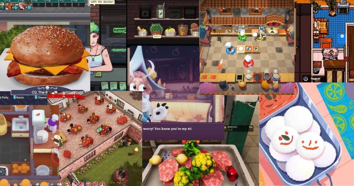 Collage of various food-themed video games featuring burgers, sushi, a restaurant scene, cartoon chefs cooking, and illustrated dishes.