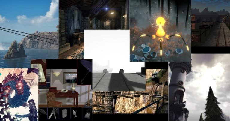 A collage of scenes from various video games, featuring landscapes, interiors, machinery, abstract elements, and architectural structures.
