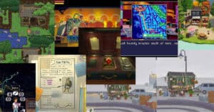 A collage of various indie video game screenshots, including pixel art maps, character interactions, documents, and colorful market scenes.