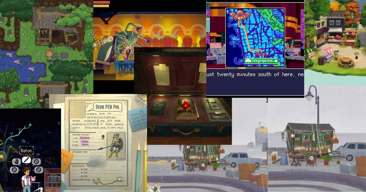 A collage of various indie video game screenshots, including pixel art maps, character interactions, documents, and colorful market scenes.