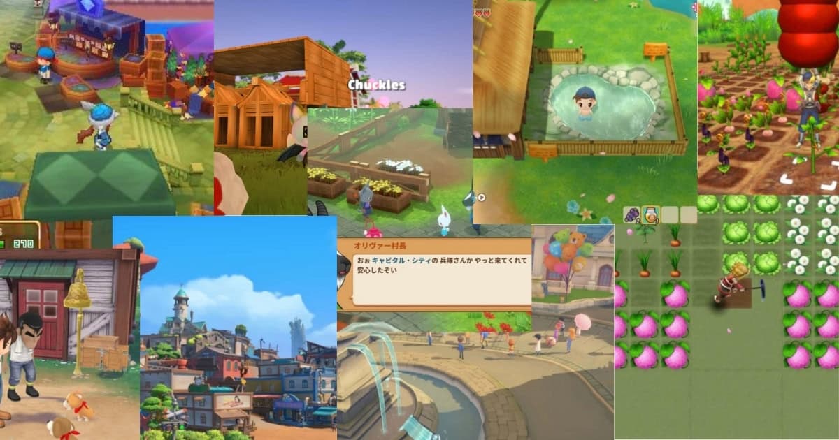 A collage of farming simulation game scenes features characters gardening, relaxing in a hot spring, tending crops, interacting in a village, and working with farm animals and tools.