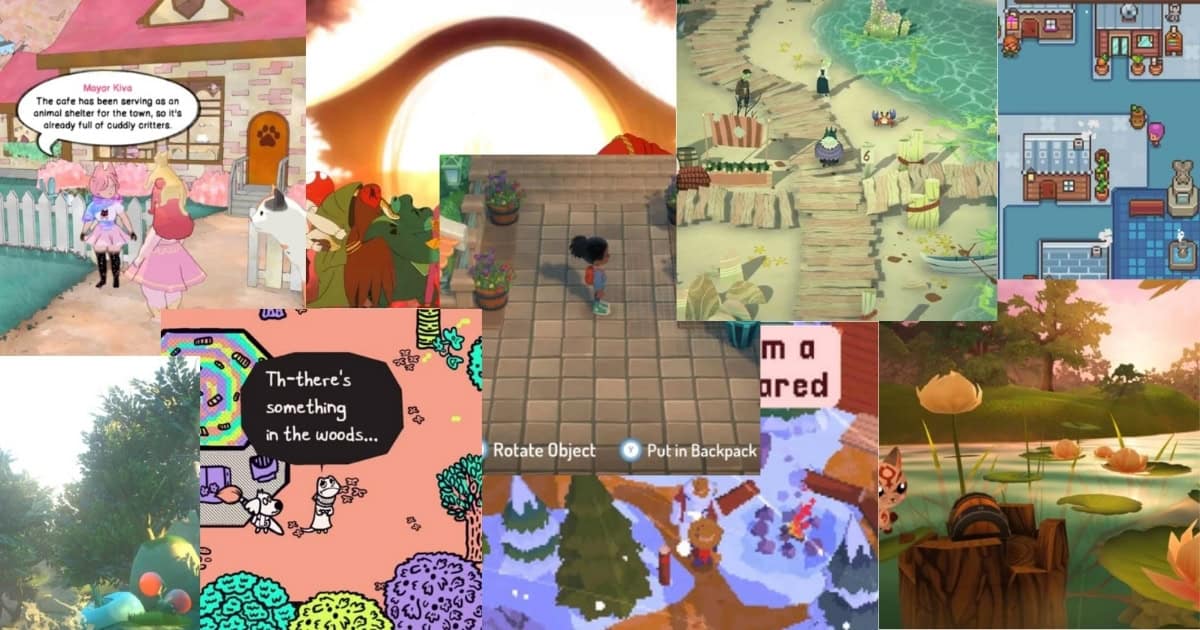 A collage of various cozy video game scenes, featuring colorful characters, outdoor environments, animals, and whimsical interiors.
