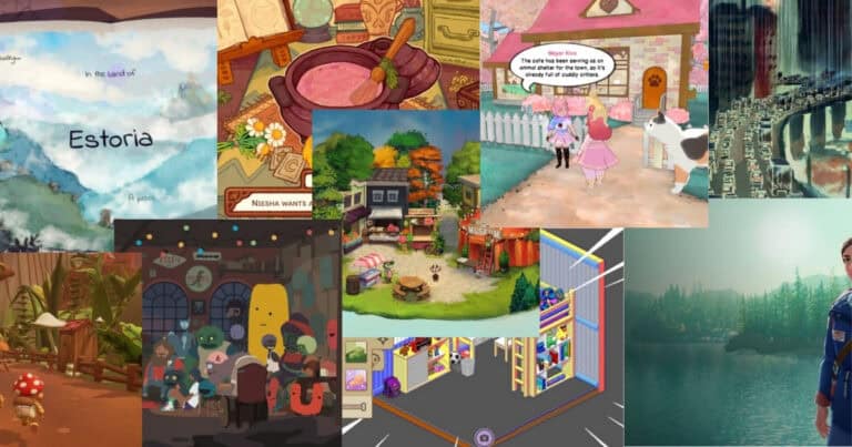 A collage of colorful video game scenes, including fantasy landscapes, cartoon characters, village settings, and a futuristic city.