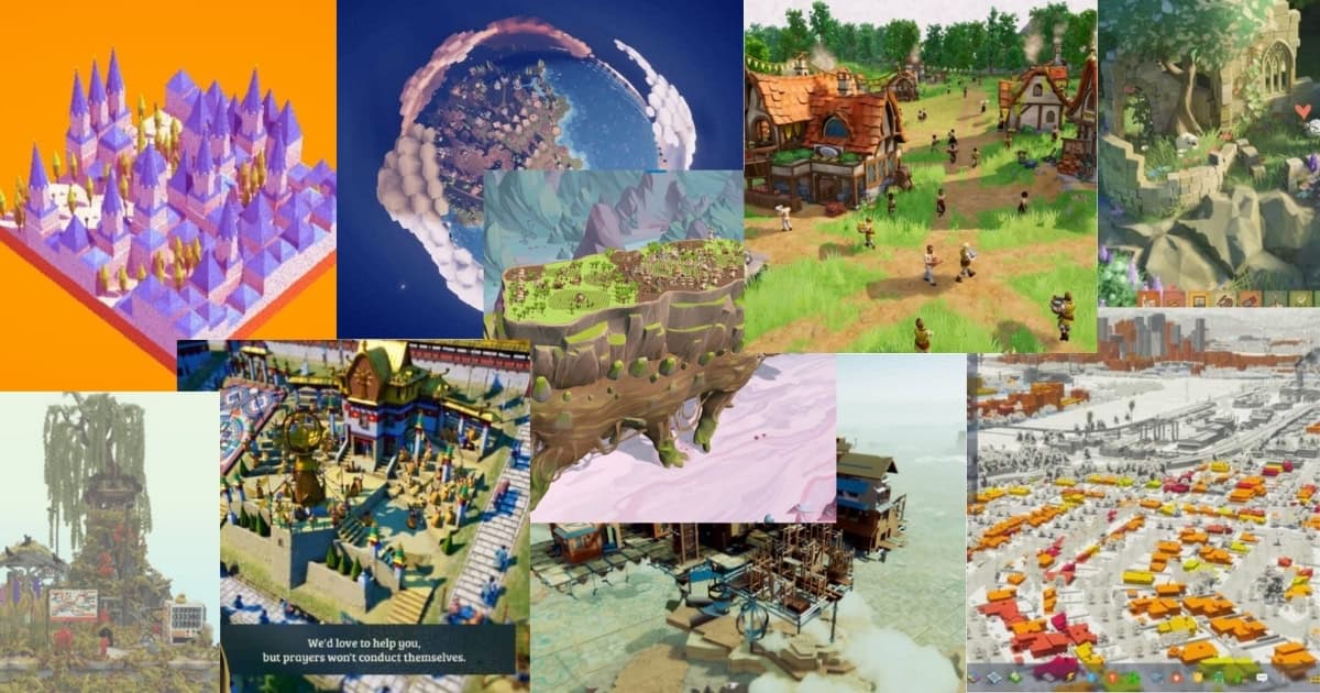 A collage of colorful, stylized video game landscapes and towns, each featuring distinct art styles, including snowy, medieval, tropical, and urban environments.