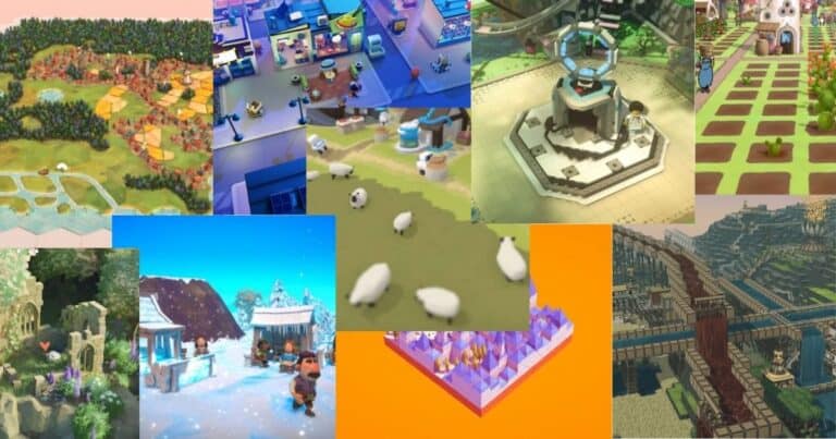 A collage of various video game environments, including forests, farms, snowy villages, sci-fi settings, sheep on grass, and fantasy landscapes.