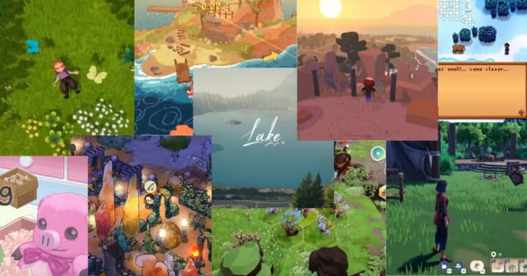 A collage of various video game scenes, including characters, landscapes, and animals, with different art styles and the word "Lake" in the center.