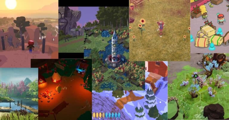 A collage of colorful, stylized video game landscapes featuring forests, mountains, gardens, snowy scenes, and characters engaging in various outdoor activities.