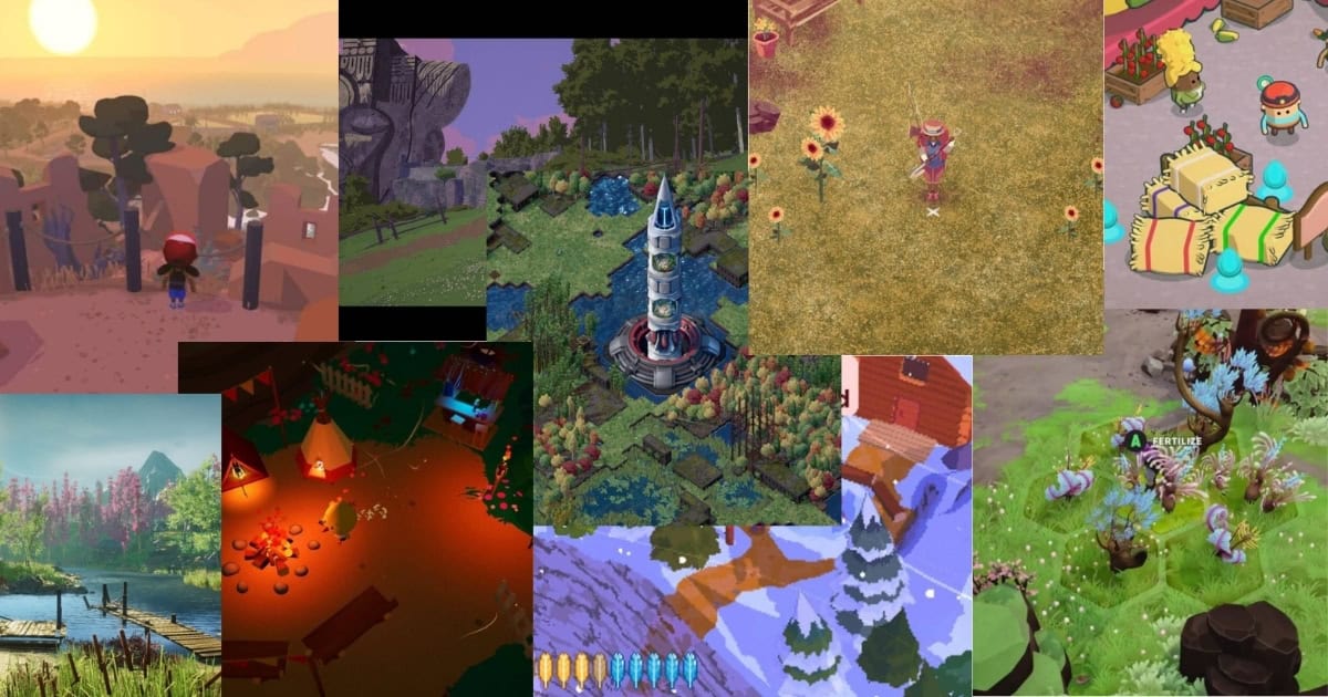 A collage of colorful, stylized video game landscapes featuring forests, mountains, gardens, snowy scenes, and characters engaging in various outdoor activities.