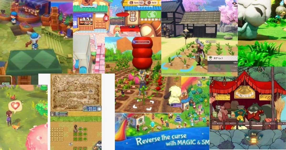 A collage of various farming simulation game screenshots, depicting characters planting crops, tending animals, market scenes, and colorful in-game environments.