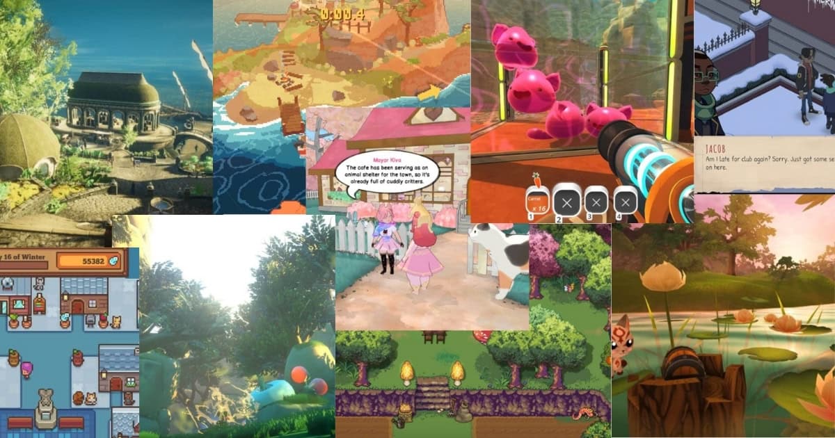 A collage of colorful, stylized video game scenes featuring various characters, animals, buildings, nature, and user interface elements in different virtual environments.