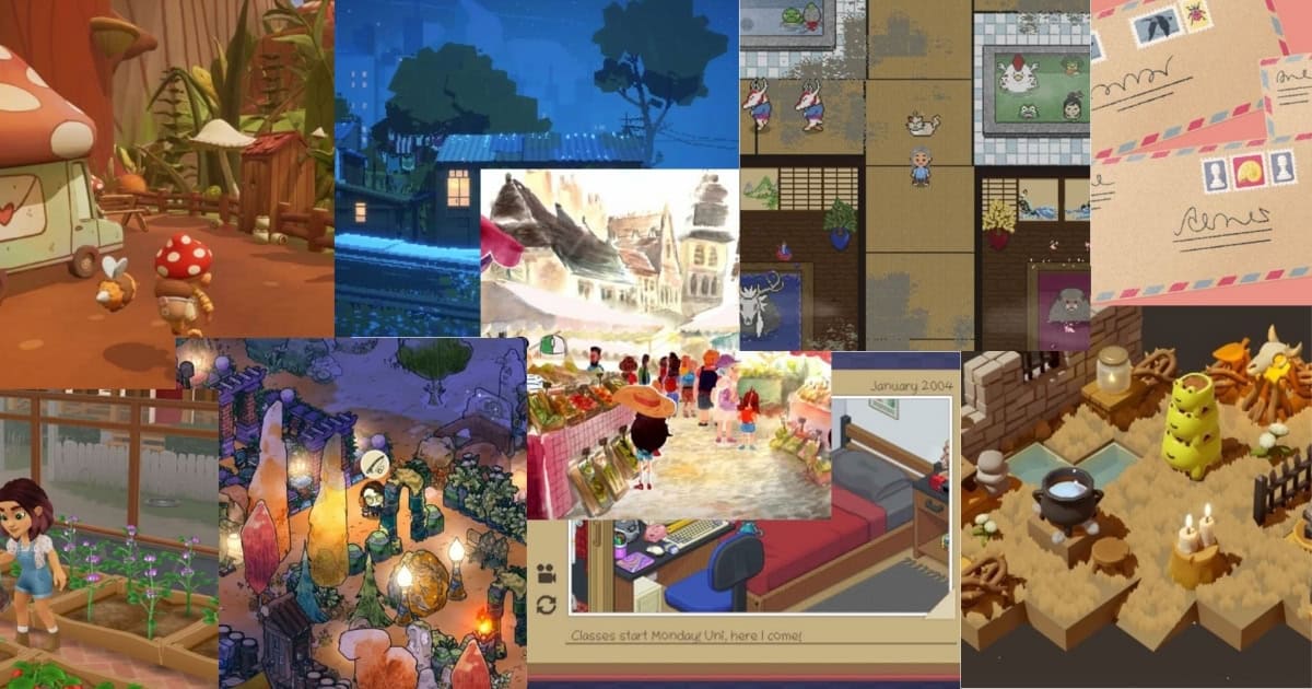 A collage of various cozy video game scenes, including outdoor markets, gardens, mail, and interiors with characters in colorful, animated environments.