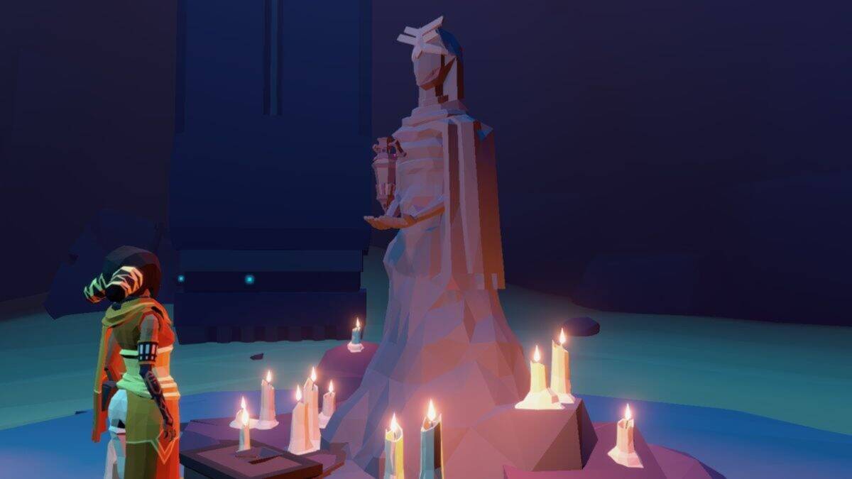 A person in a spacesuit stands near a large stone statue surrounded by lit candles in a dimly lit, otherworldly environment.