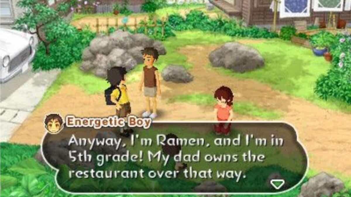 A video game scene shows three characters standing on grass, with one saying, "Anyway, I'm Ramen, and I'm in 5th grade! My dad owns the restaurant over that way.