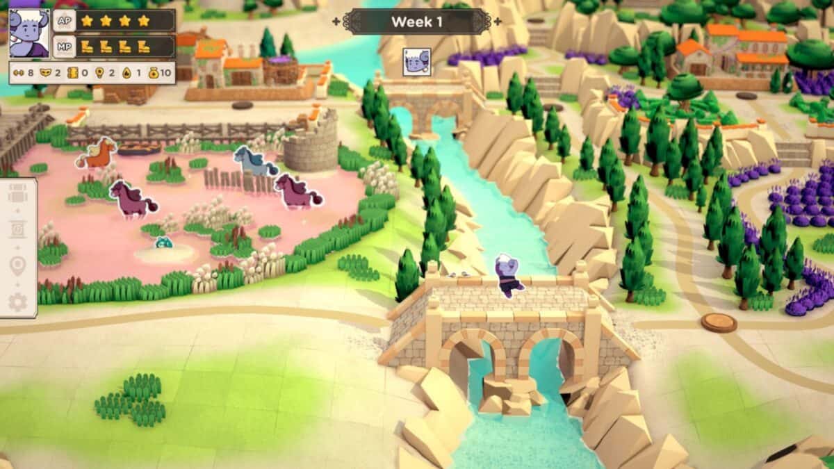 A stylized game map shows a character crossing a stone bridge over a river, with colorful animals in a pen and various buildings and trees in the surrounding landscape.