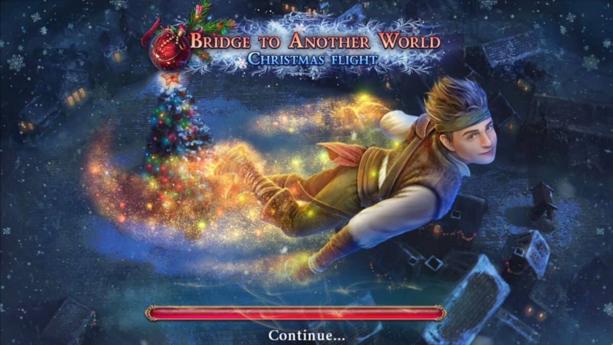 A young man in winter clothes flies over a snowy village beside a glowing Christmas tree, with the title "Bridge to Another World: Christmas Flight" above him.