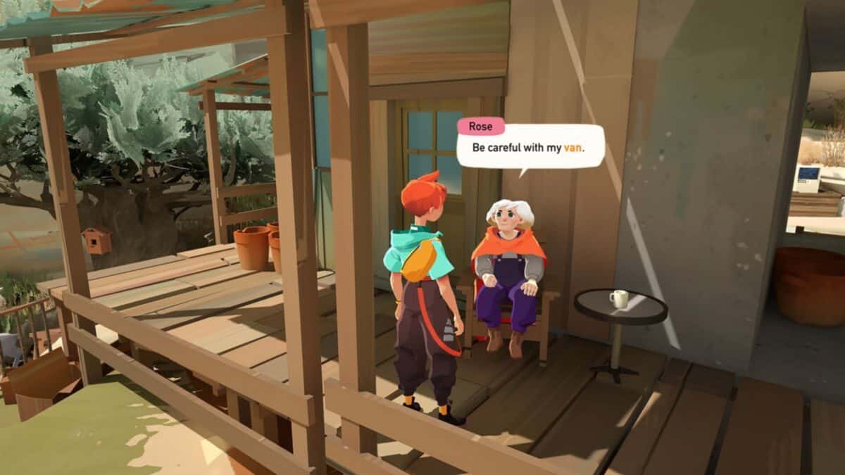 A red-haired character stands on a porch talking to an older woman sitting in a chair. A speech bubble above her says, "Be careful with my van.