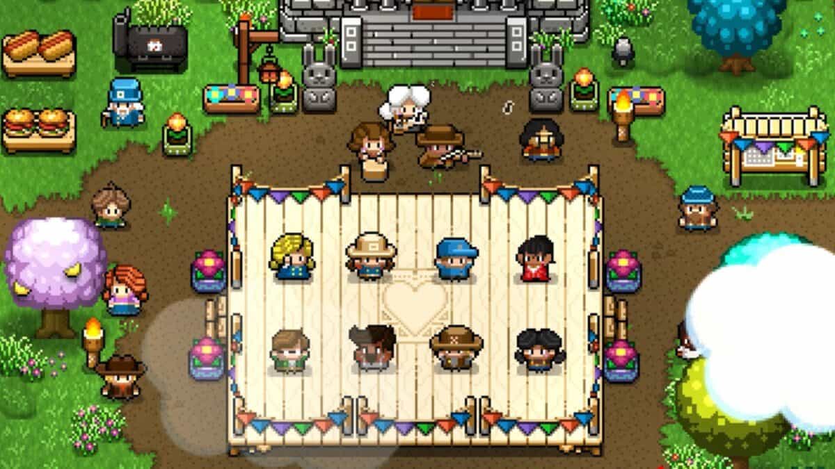 Pixel art scene of characters standing around and on a decorated wooden stage outdoors, with a chef, musical instruments, and festive decorations visible.