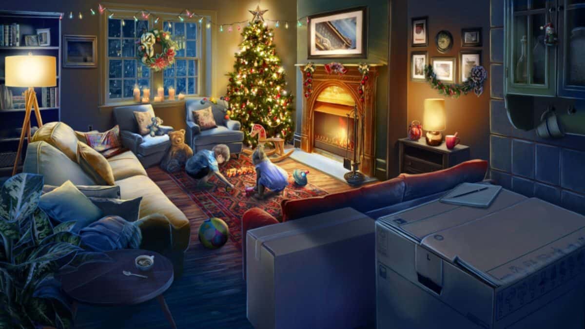 A living room decorated for Christmas with a lit tree, presents, a fireplace, and children playing on a rug; a large box sits near the couch.