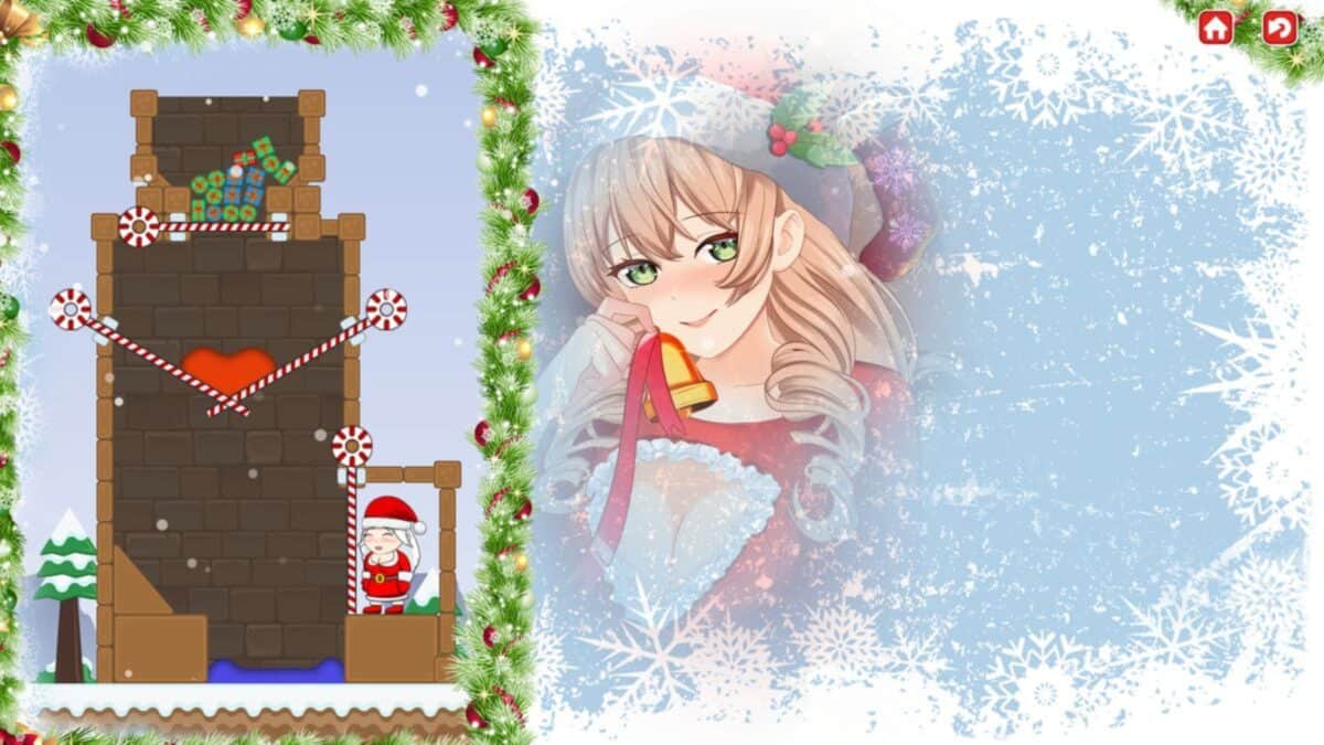 A holiday-themed game screen shows Santa in a chamber, candy canes, and presents, with an illustrated girl in Christmas attire on a snowy, decorated background.