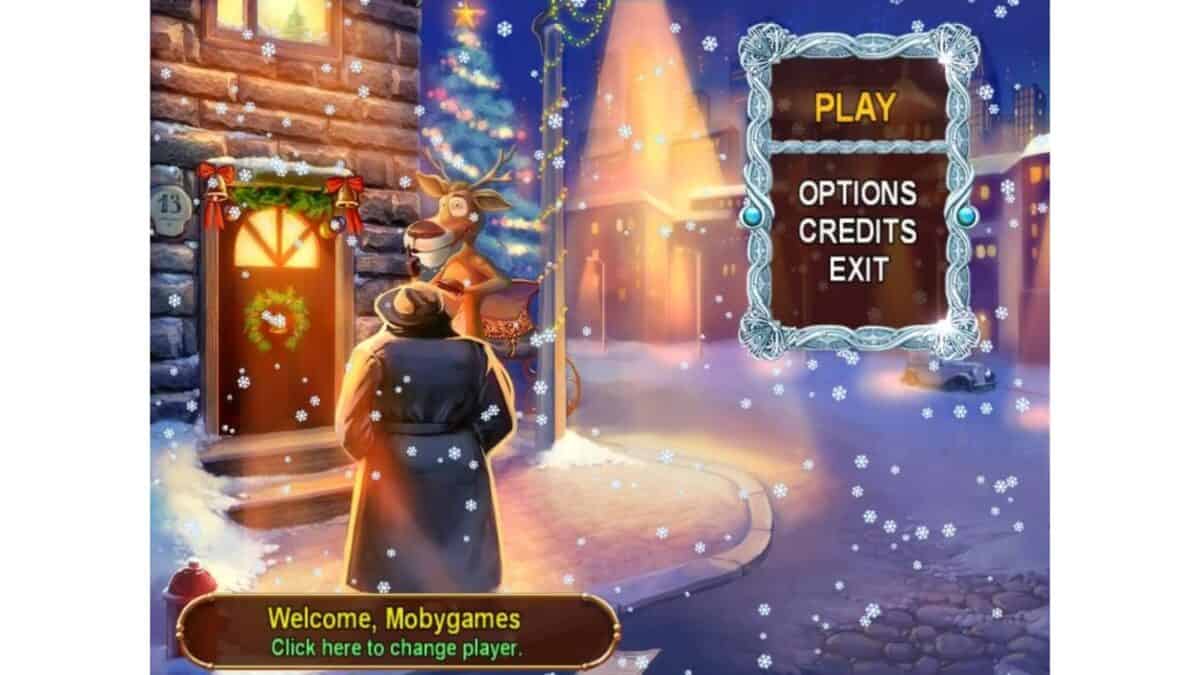 A game menu screen shows a snowy village scene at night with a person in a coat facing a reindeer by a decorated door. Menu options include Play, Options, Credits, and Exit.