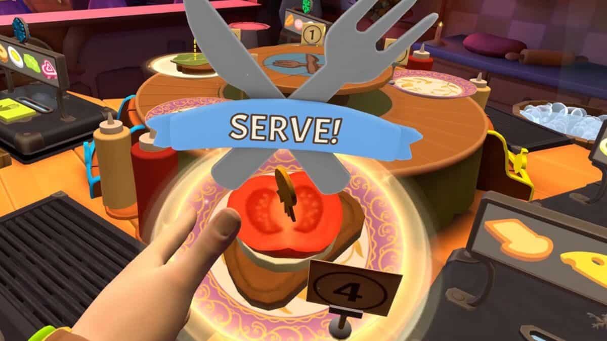 A hand points to a virtual sandwich with a tomato slice, displaying a “SERVE!” prompt and a table number 4 sign in a colorful restaurant game environment.