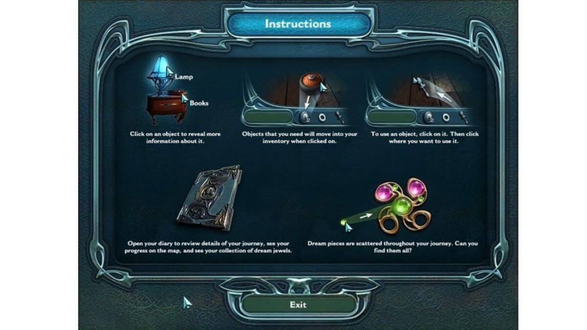 Game instruction screen showing icons for a lamp, books, a diary, and dream jewels, with brief descriptions of their functions and usage within the game. An "Exit" button is at the bottom.