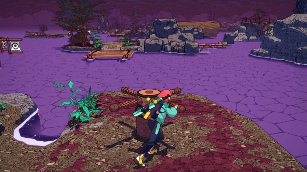 A character in futuristic armor stands on a rocky shore next to a large wooden post, overlooking a purple body of water with floating platforms and distant rock formations.