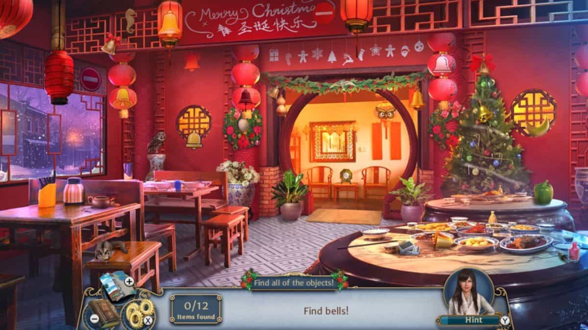 A festive Chinese restaurant decorated for Christmas with red lanterns, holiday wreaths, and various dishes on wooden tables; a hidden object game interface is displayed.