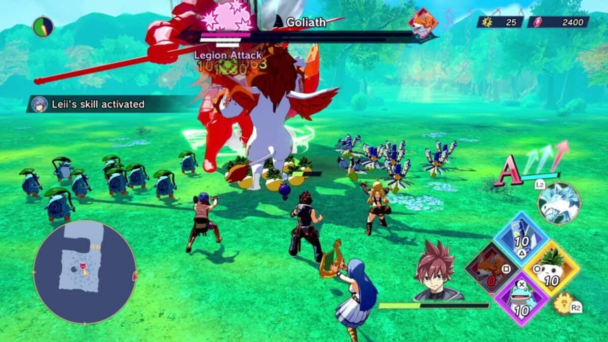 A video game battle scene shows several characters and small armies fighting a large red and white creature named Goliath, with menus and status bars displayed on screen.