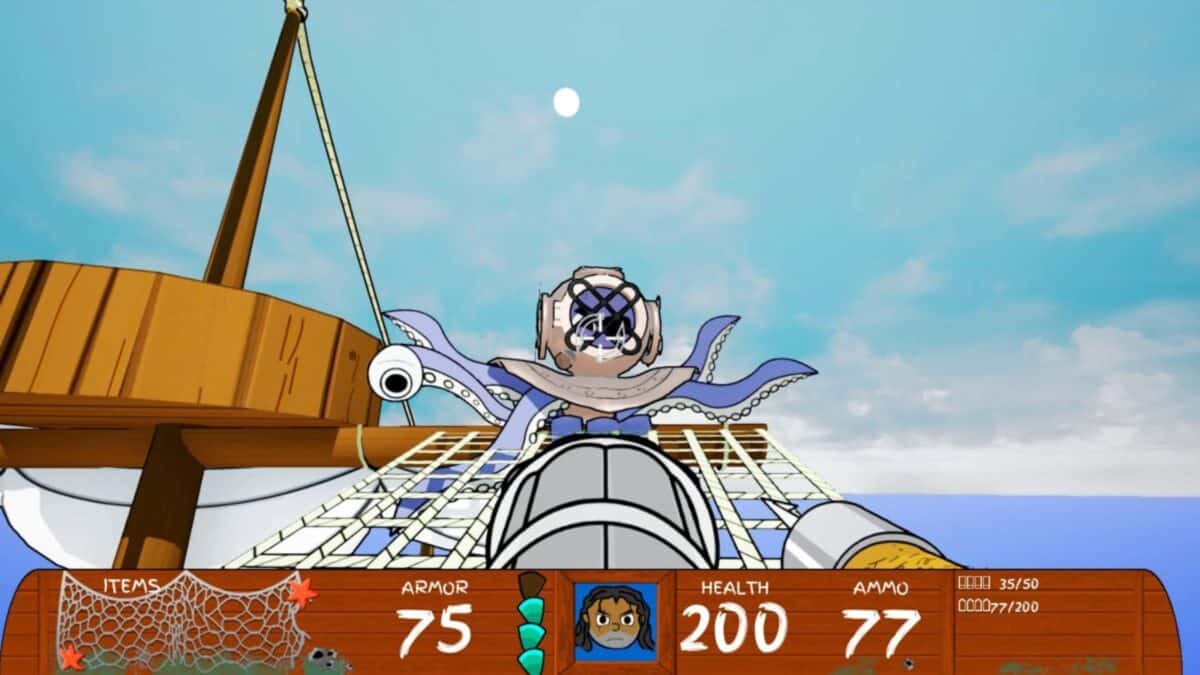First-person view from a ship aiming a cannon at a cartoonish octopus enemy; game interface displays stats for armor, health, ammo, and items.