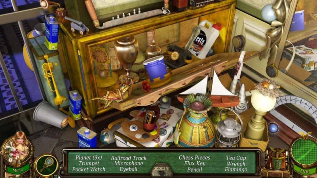 A cluttered shelf contains various objects including a pocket watch, trumpet, teacup, toy sailboat, chess piece, microphone, and a small statue, among other household items.