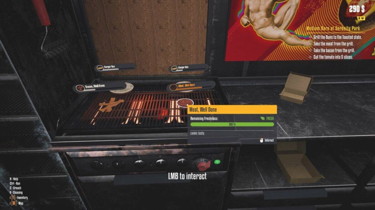 A video game interface shows a grill with a steak labeled "Meat, Well Done" at 100% freshness. On-screen prompts and a to-do list are visible, with a partially open pizza box nearby.