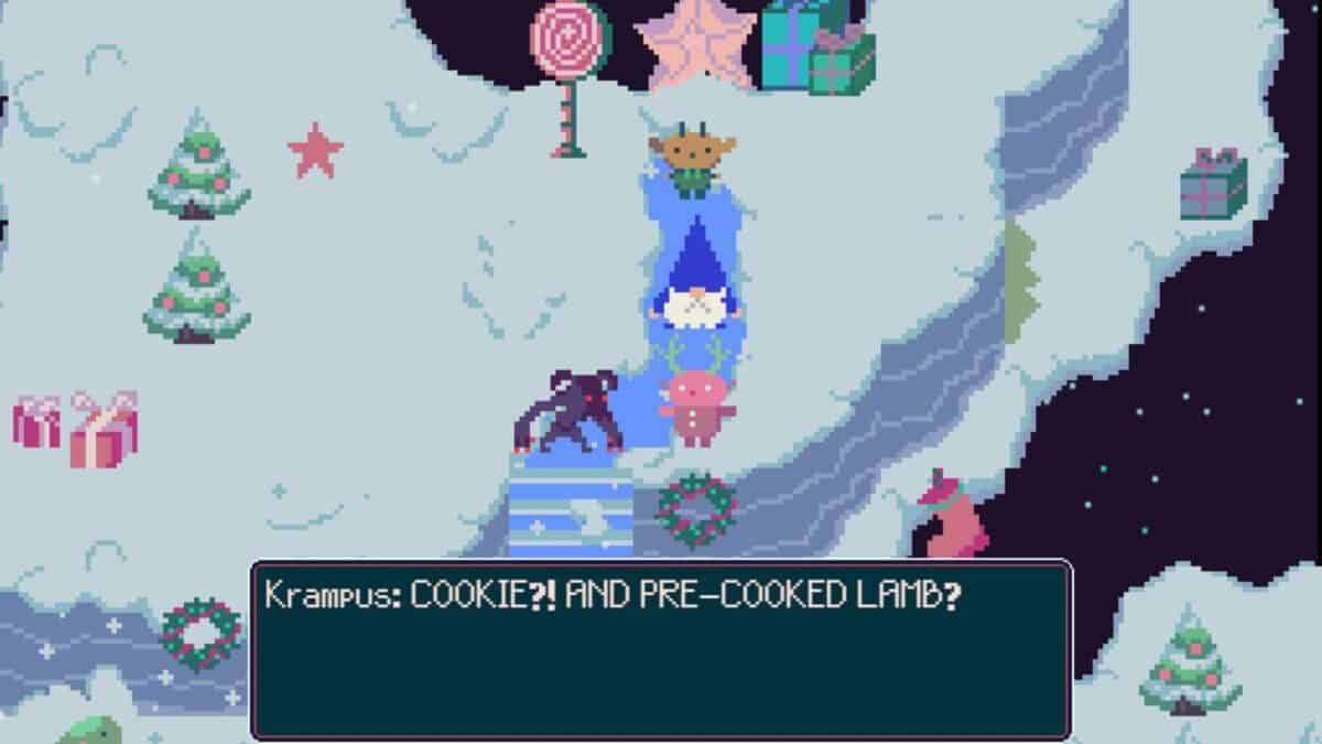 A pixel art scene with winter decorations shows three animal characters near a blue cave entrance; dialogue text at the bottom reads, "COOKIE?! AND PRE-COOKED LAMB?.