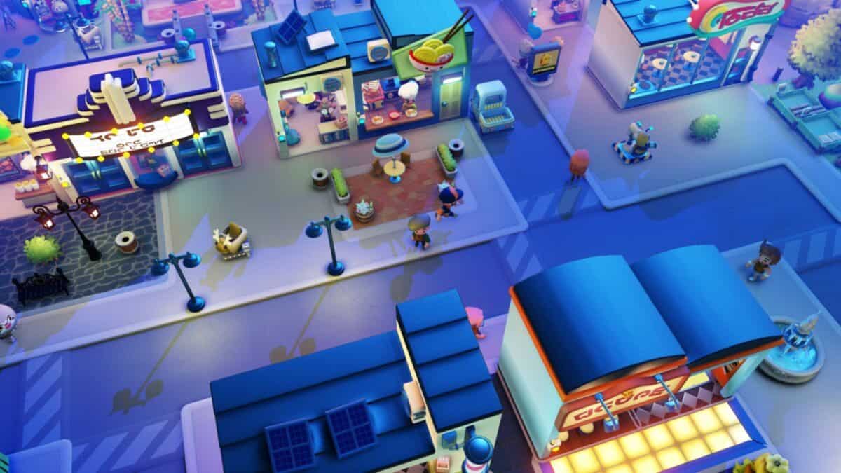 Colorful, stylized aerial view of a virtual town square with shops, outdoor seating, street lamps, trees, and a few cartoon characters walking around.