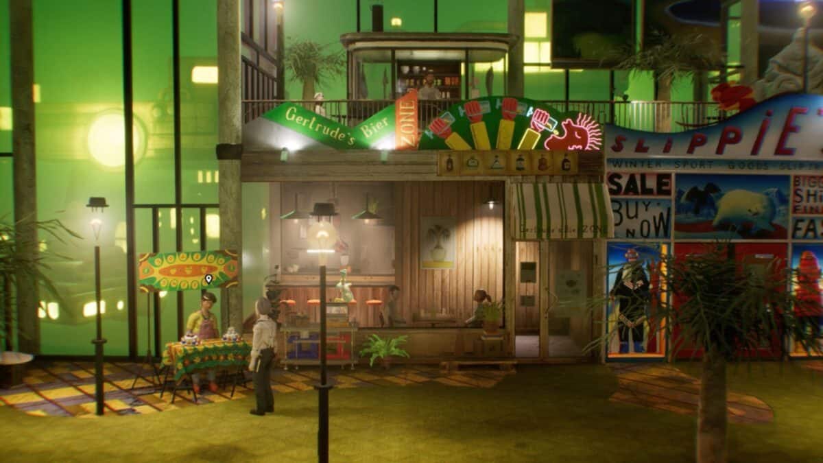 A colorful street scene shows a café with neon signs, a market stall with produce, and people interacting in front of brightly lit shopfronts, set against a green-tinted urban backdrop.