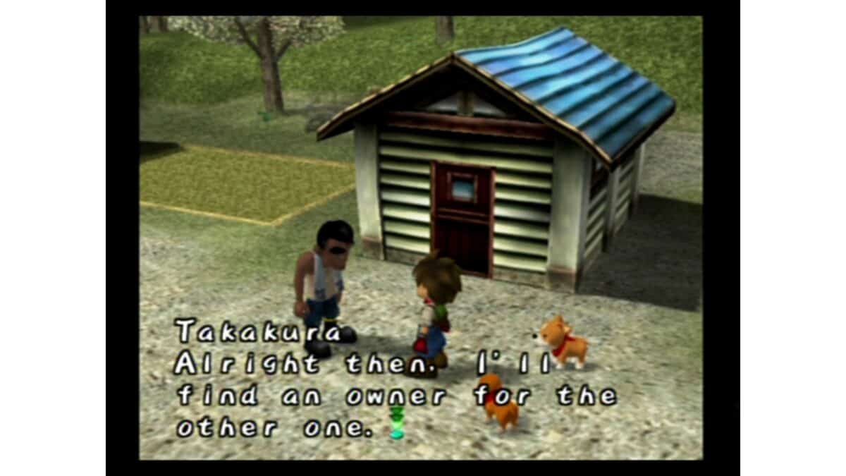 A character talks to a child outside a small house with two puppies nearby. On-screen text reads: "Takakura: Alright then. I'll find an owner for the other one.
