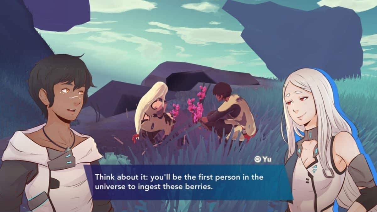 Two characters are talking outdoors while two others examine pink berries. The dialogue says, "Think about it: you'll be the first person in the universe to ingest these berries.