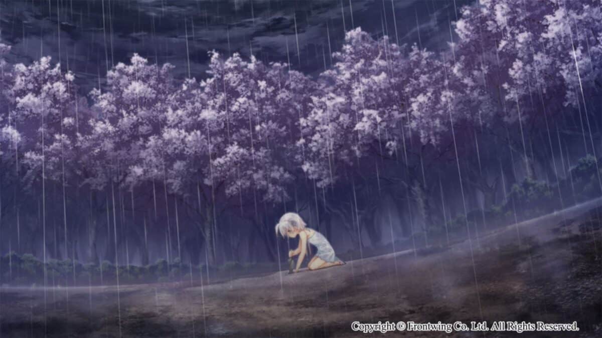 A person with white hair kneels on the ground in the rain beneath blooming purple trees at night.